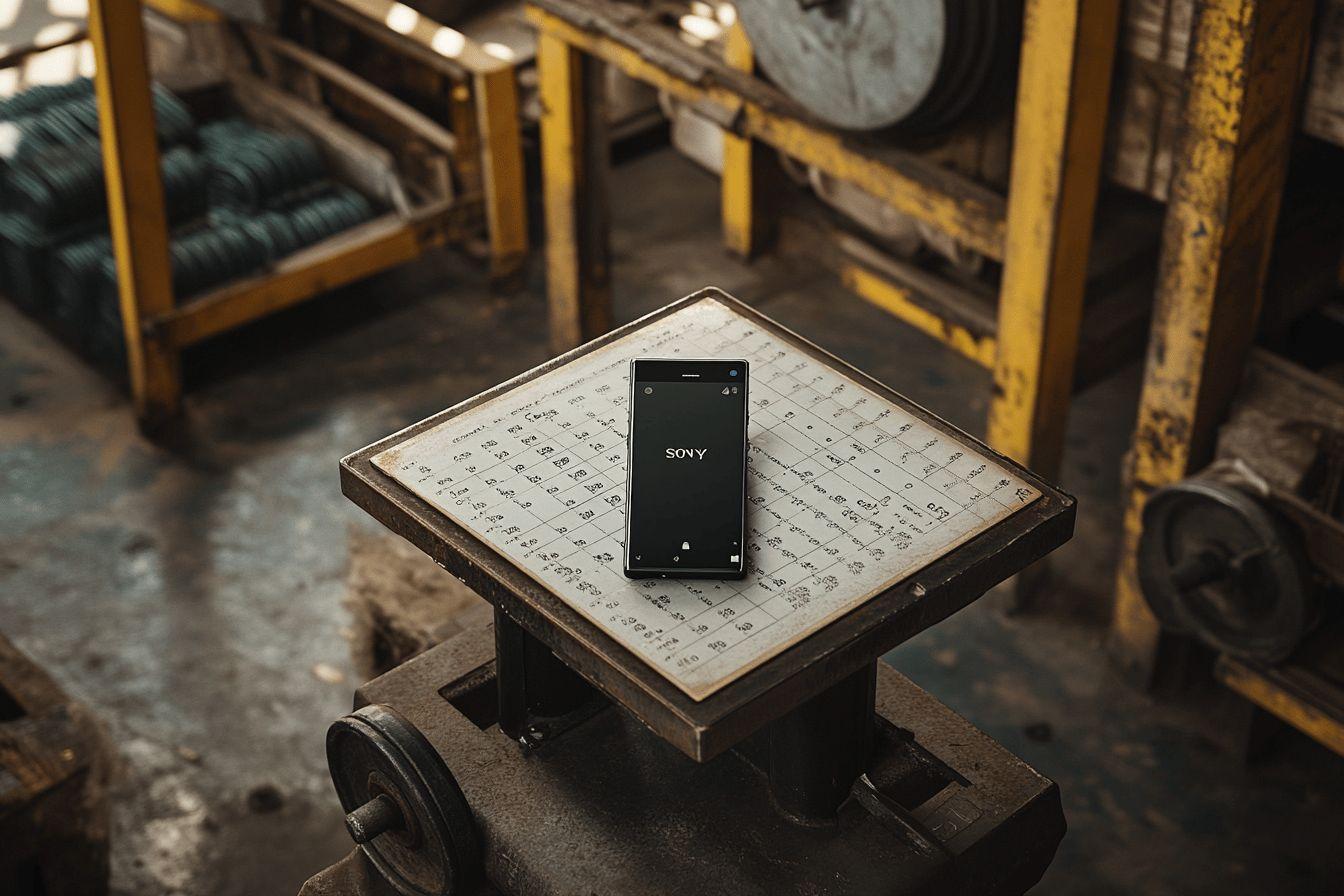 Smartphone noir Sony posé sur un calendrier dans un atelier