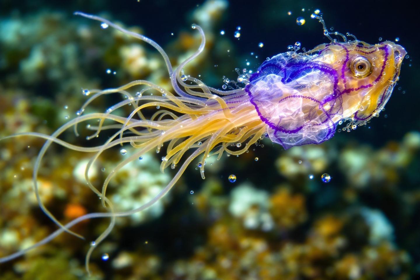 Créature marine transparente aux reflets bleus et jaunes, entourée de bulles