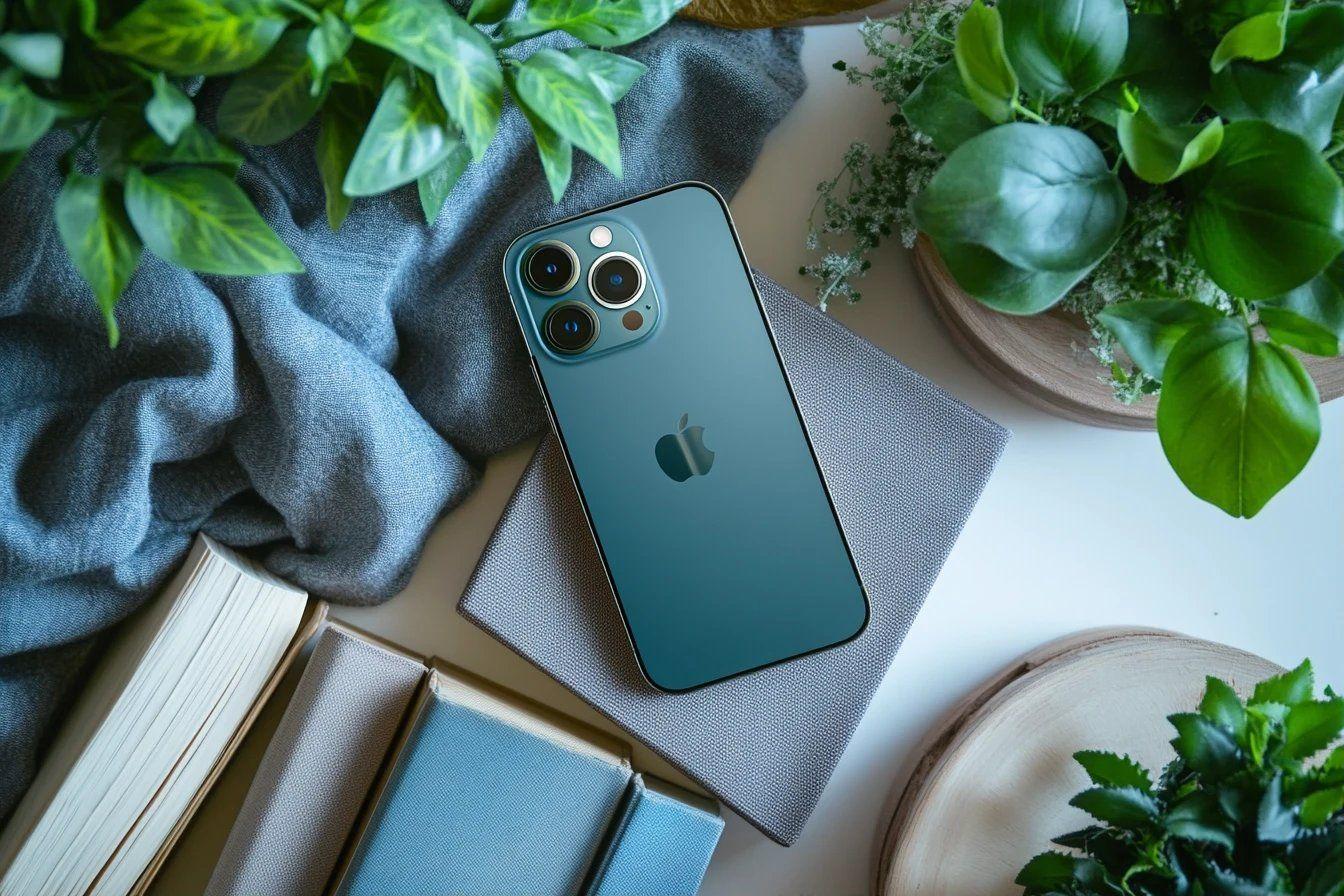 Smartphone Apple bleu-vert pos&eacute; sur un livre avec des feuilles