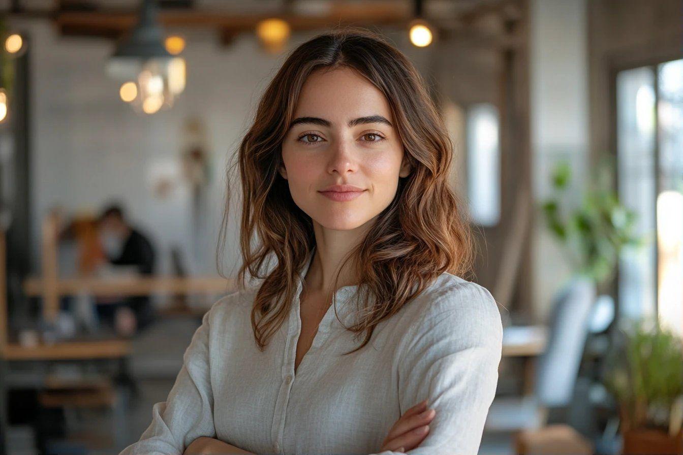 Femme confiante avec chemise blanche dans un espace de travail lumineux