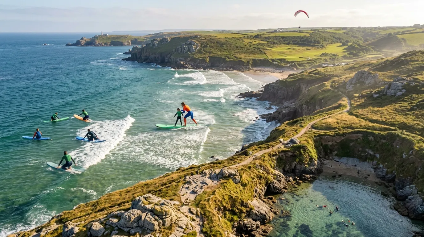 Surfeurs sur plage entour&eacute;e de falaises verdoyantes