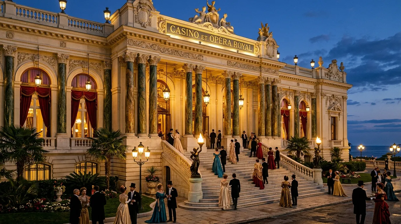 Façade illuminée du Casino et Opéra Royal avec invités en costumes.