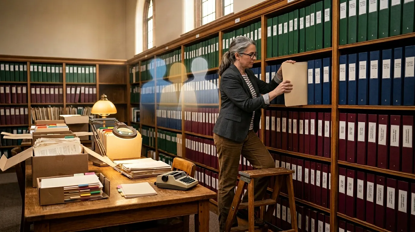 Femme en costume consultant un dossier dans une biblioth&egrave;que juridique