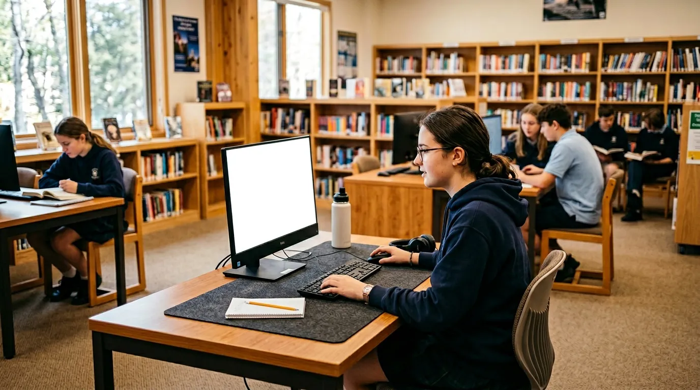 &Eacute;tudiants utilisant ordinateurs dans une biblioth&egrave;que scolaire