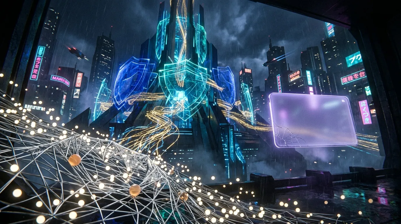 Ville futuriste illuminée de néons bleus et verts avec réseau numérique