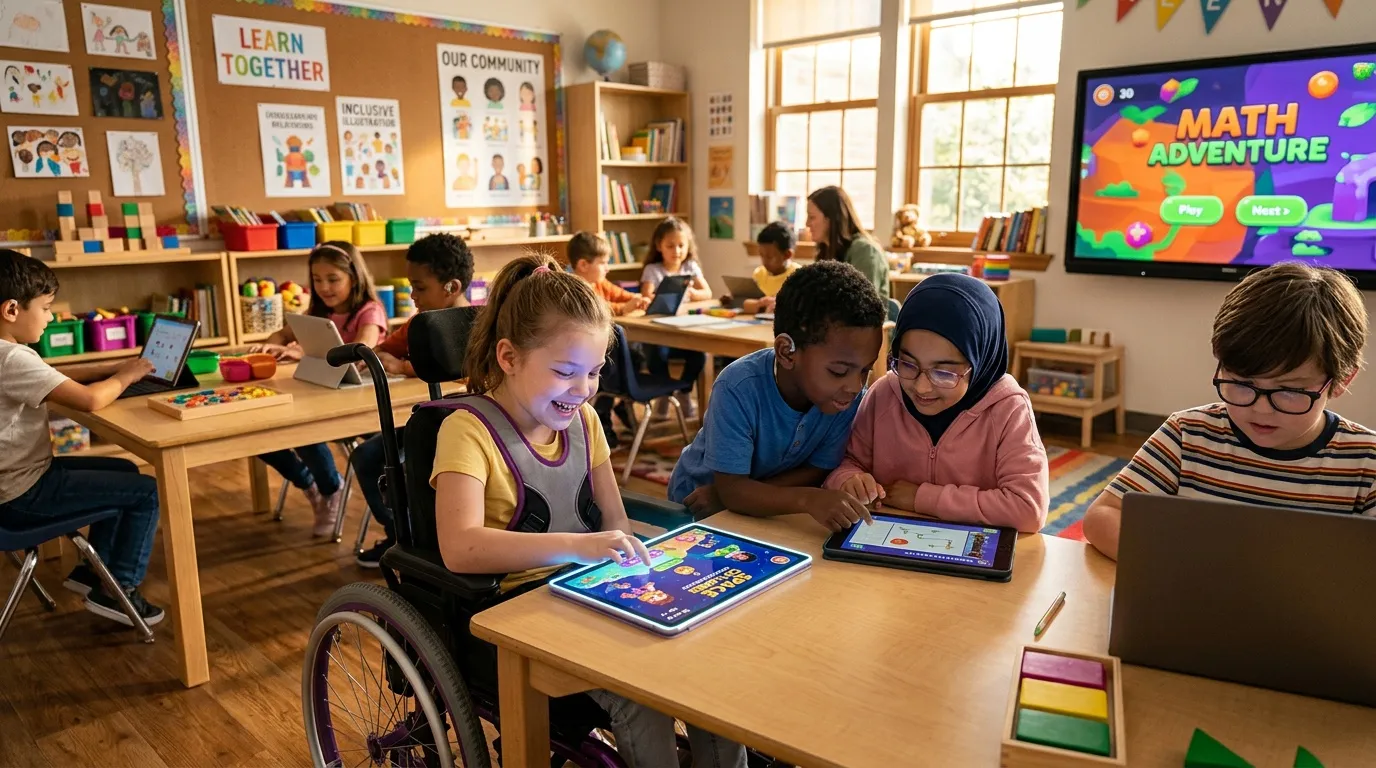 Enfants divers apprenant ensemble avec tablettes en classe inclusive