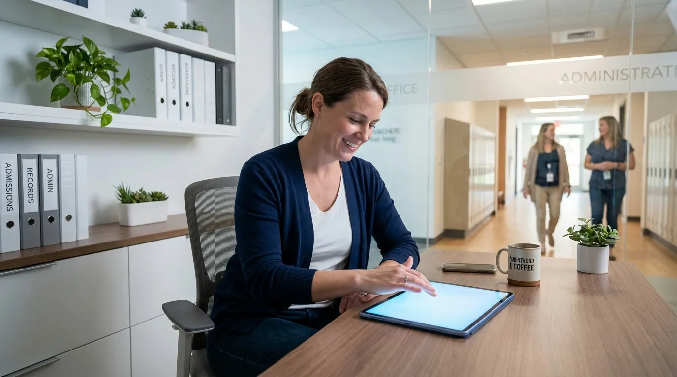Femme souriante utilisant une tablette à son bureau