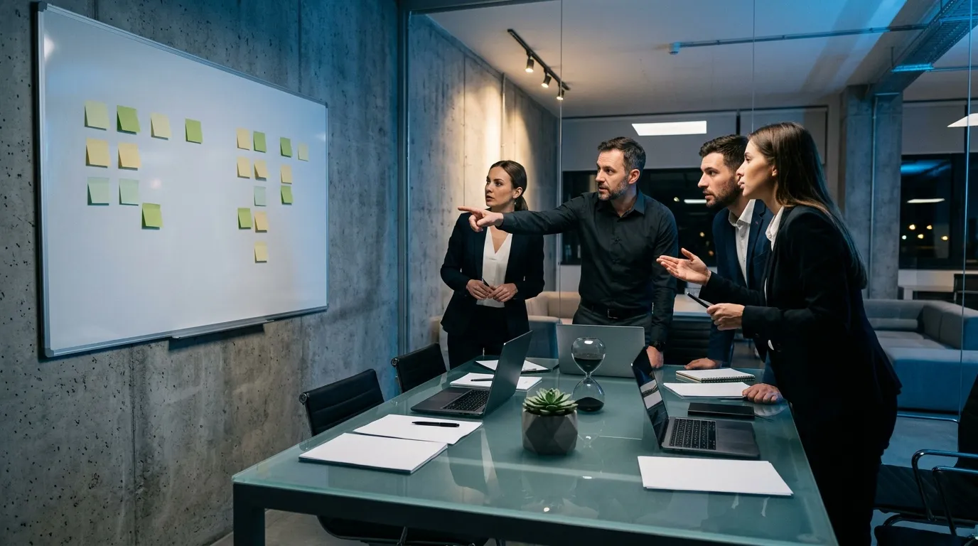 Quatre professionnels discutent devant un tableau blanc avec post-its