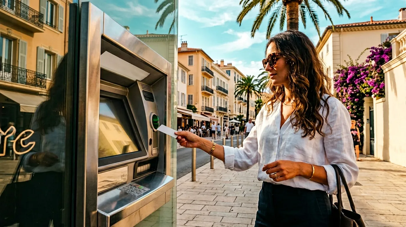 Femme utilise un distributeur automatique en ville méditerranéenne