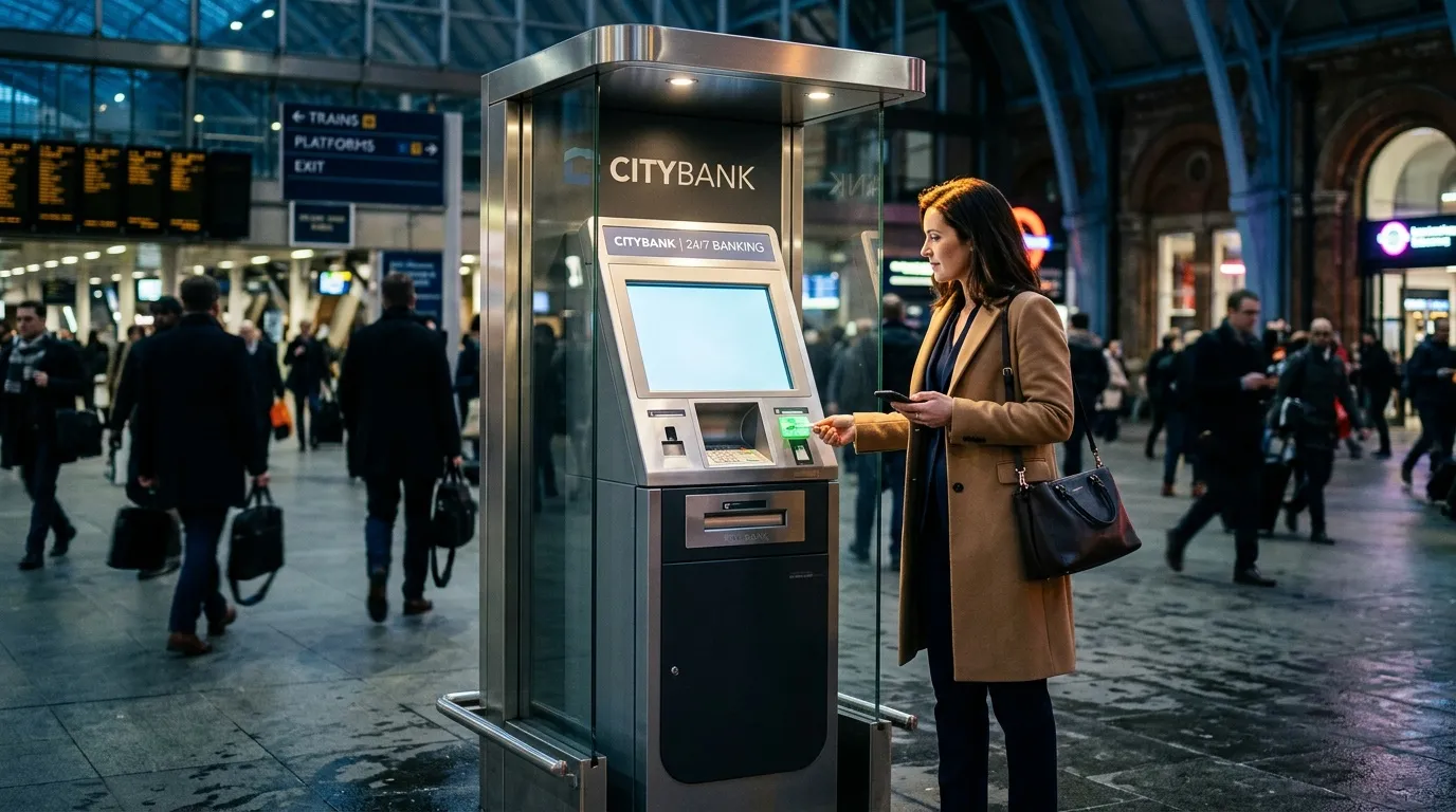 Femme en manteau beige à un DAB bancaire en gare