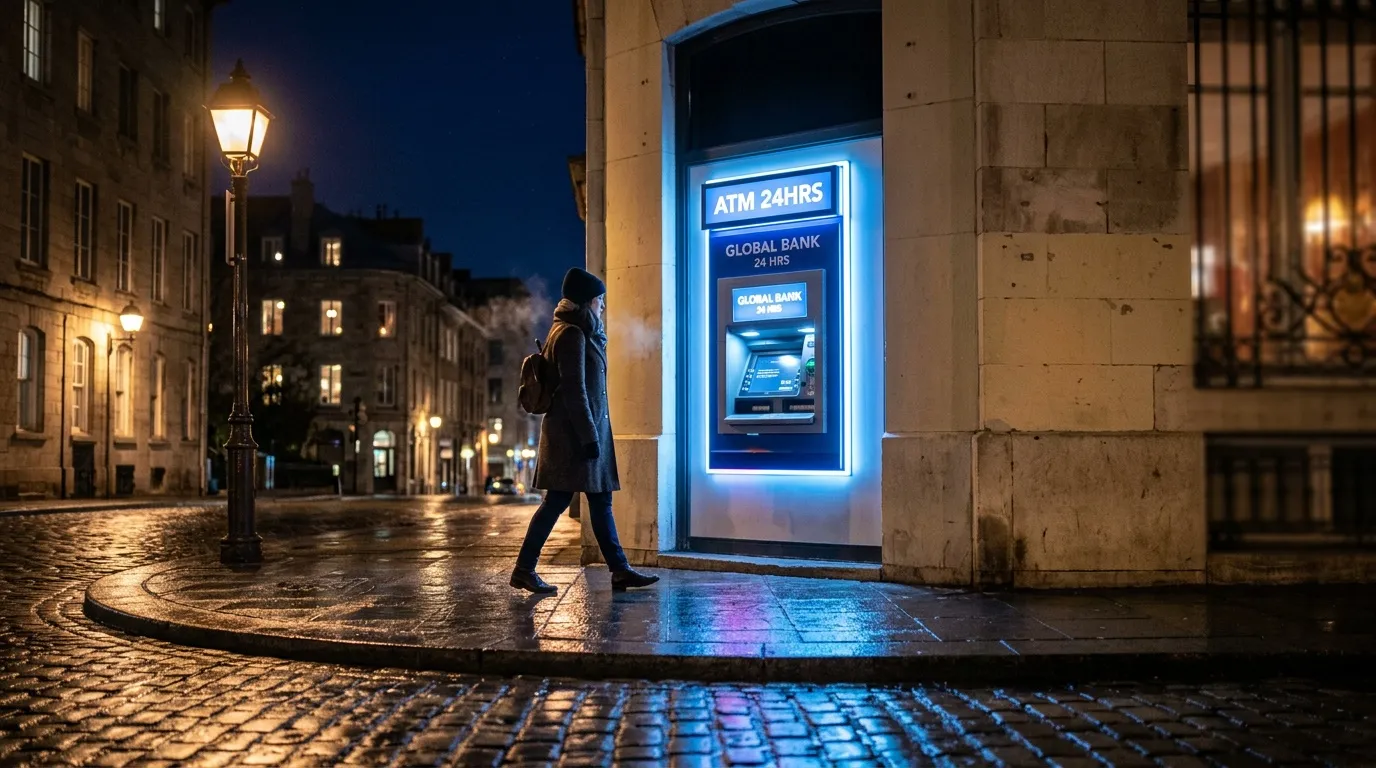 Femme utilisant un guichet automatique la nuit en ville