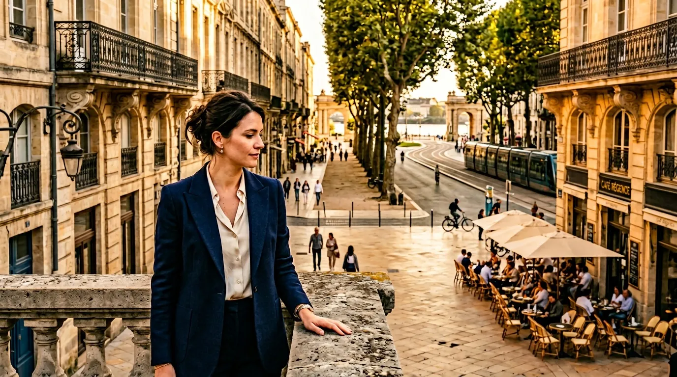 Femme en costume bleu regardant la place de Bordeaux depuis une terrasse