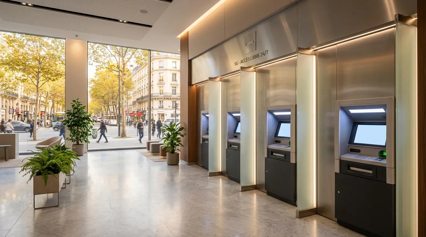 Rangée de distributeurs automatiques modernes dans galerie parisienne
