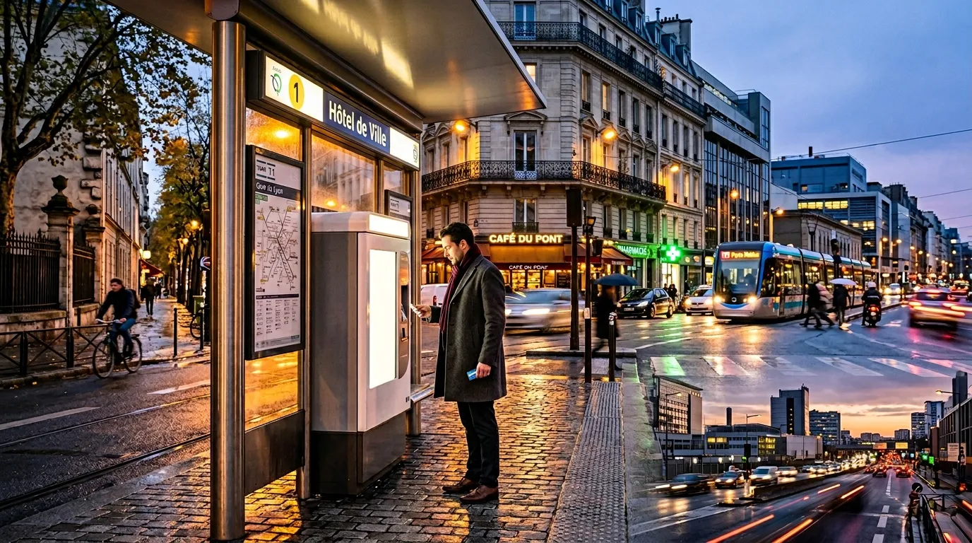 Homme attendant métro Paris soir illuminé