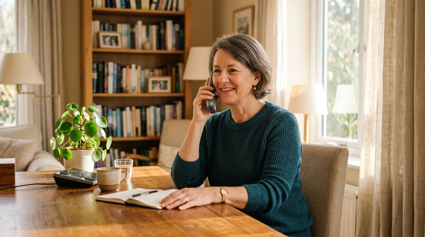 Femme souriante t&eacute;l&eacute;phone &agrave; son bureau avec plante et caf&eacute;