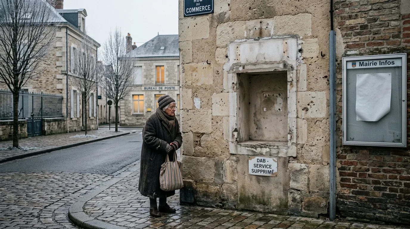 Femme âgée attendant devant une façade de pierre en France
