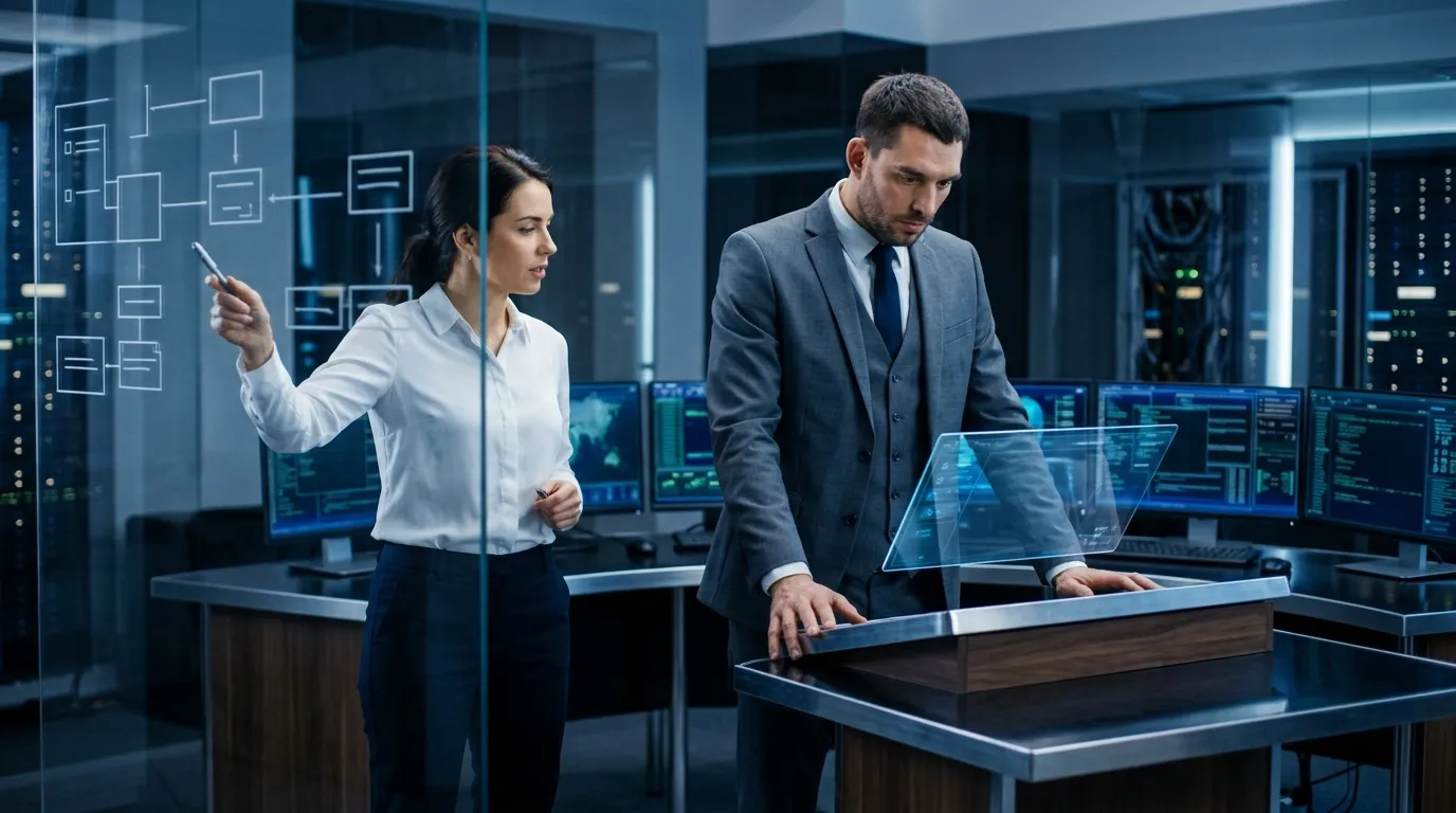 Deux professionnels discutent devant &eacute;crans et interfaces num&eacute;riques