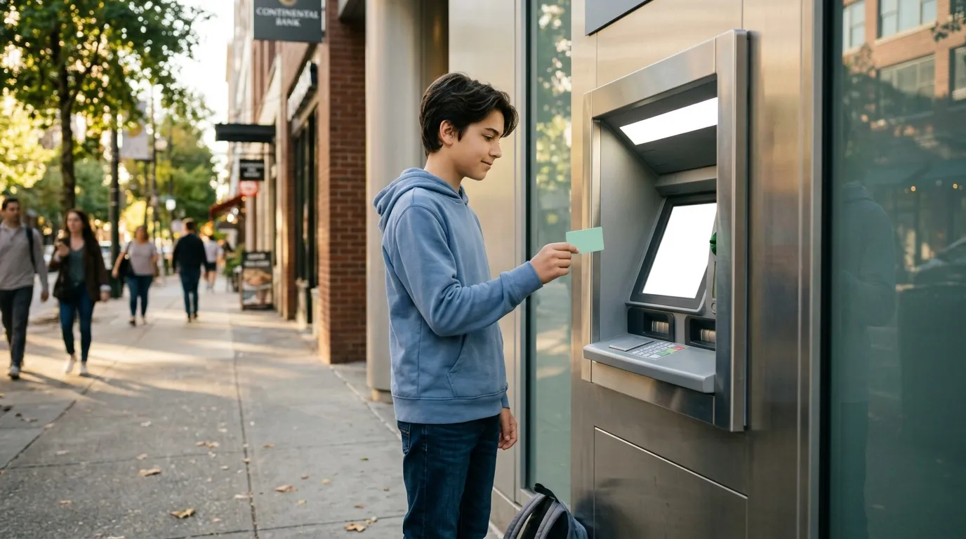 Adolescent insérant une carte bancaire dans un guichet automatique en rue