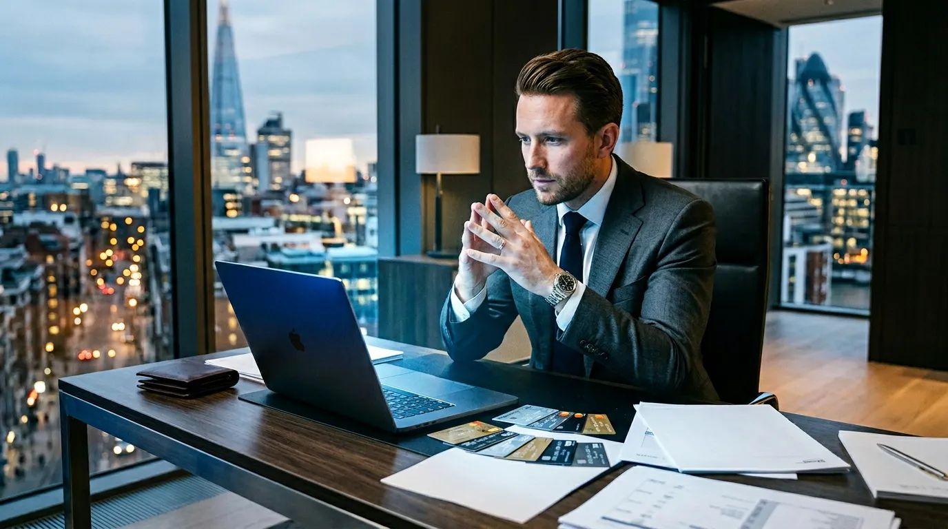 Homme d'affaires travaillant sur ordinateur portable, vue panoramique ville