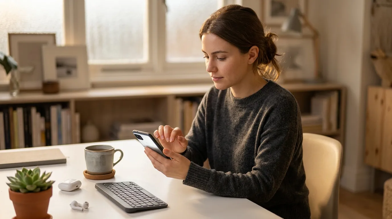 Femme en pull gris utilisant smartphone à son bureau