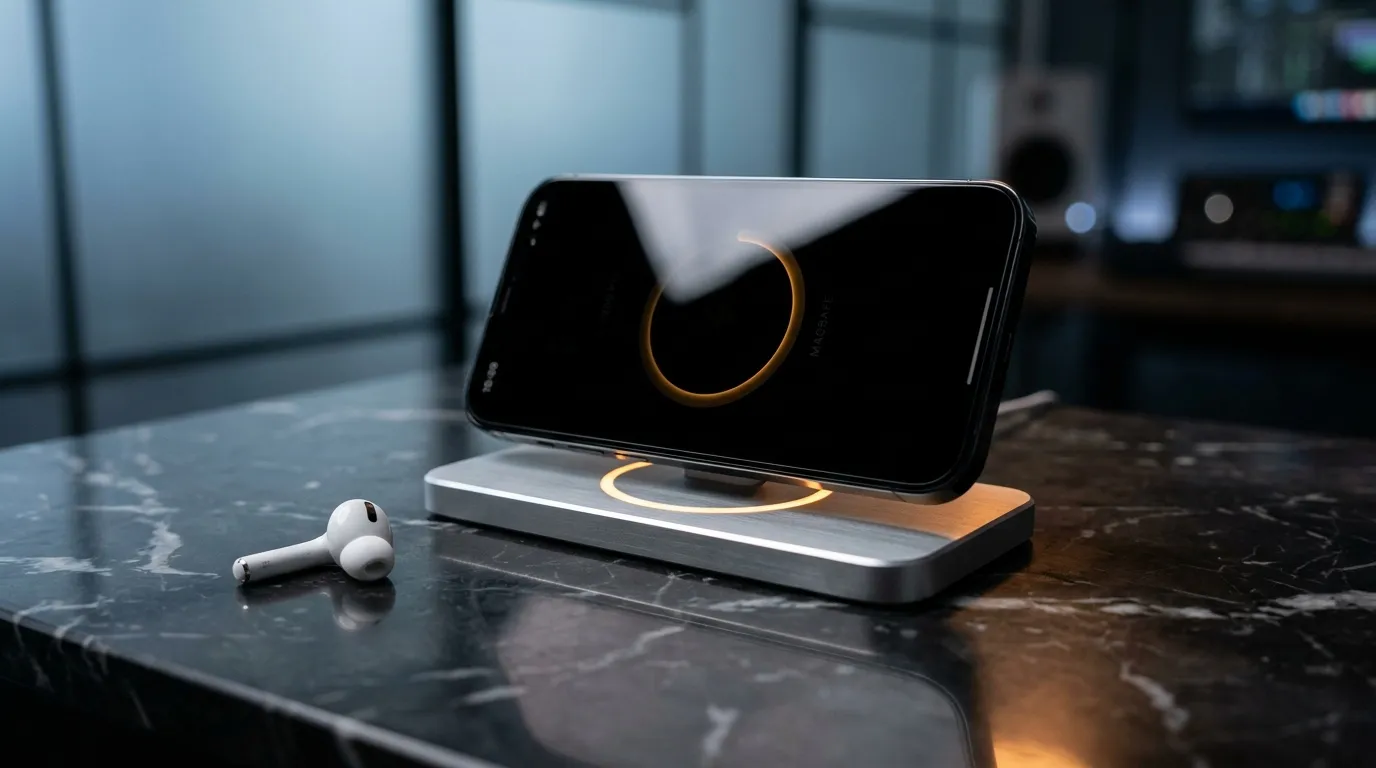 Téléphone noir sur chargeur avec écouteurs blancs