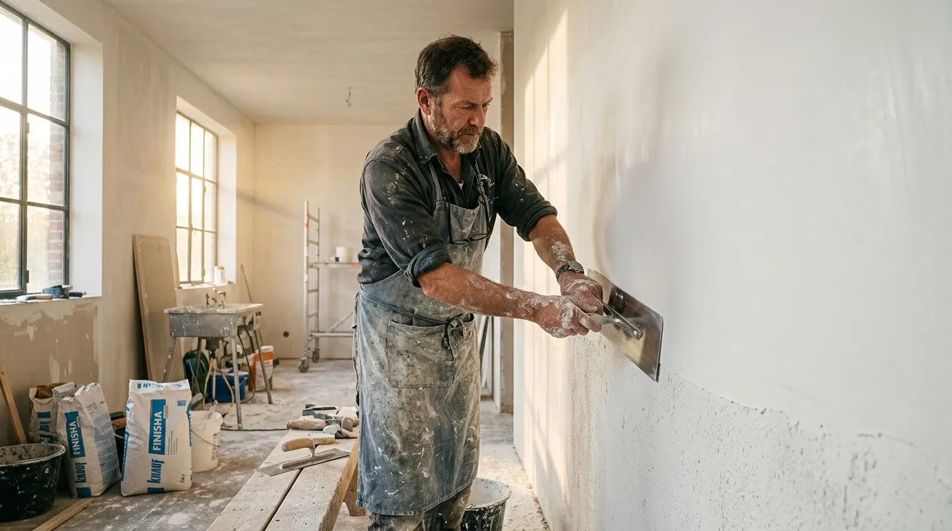 Artisan applique du plâtre sur un mur blanc en rénovation