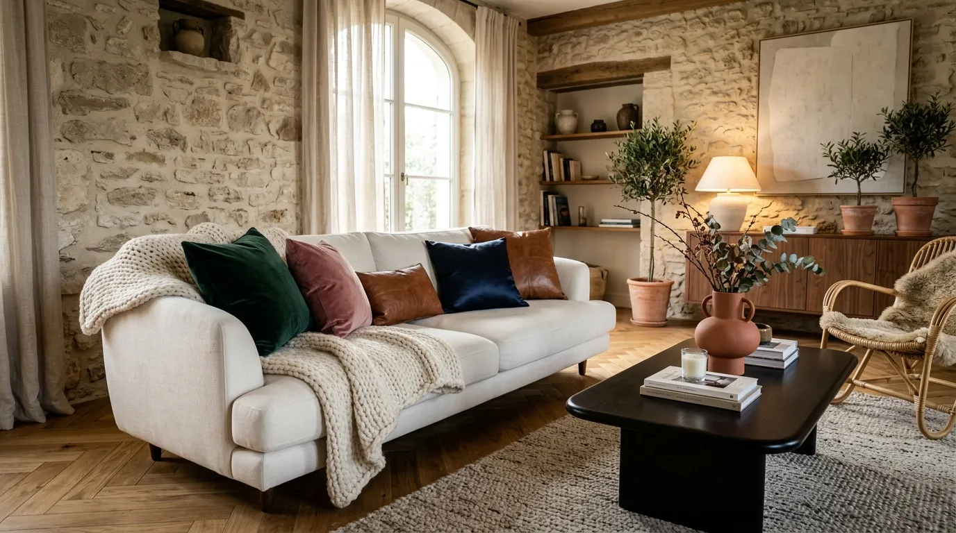 Salon élégant avec canapé blanc, murs en pierre et décoration chaleureuse