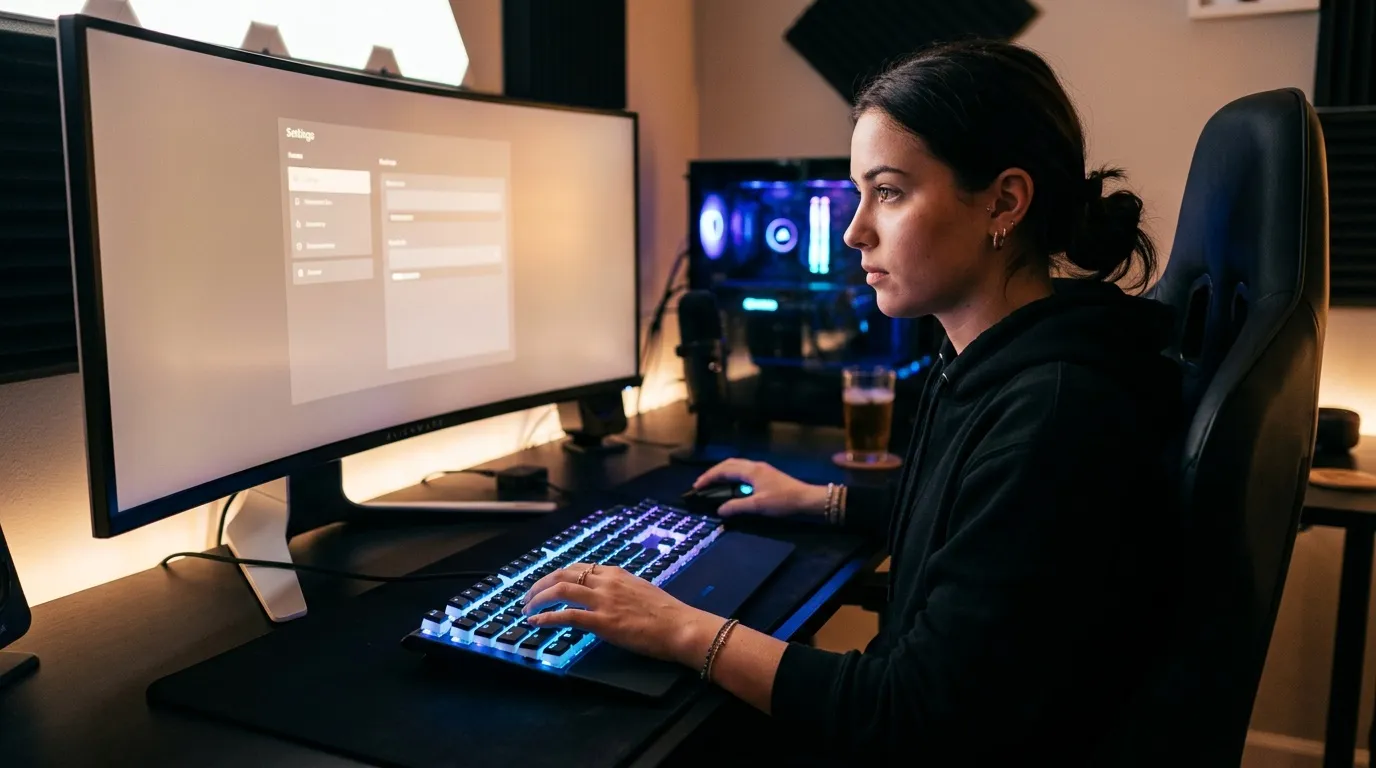 Femme codant devant &eacute;cran affichant interface param&egrave;tres