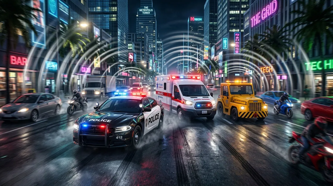 Police, ambulance et d&eacute;panneuse dans rue urbaine illumin&eacute;e