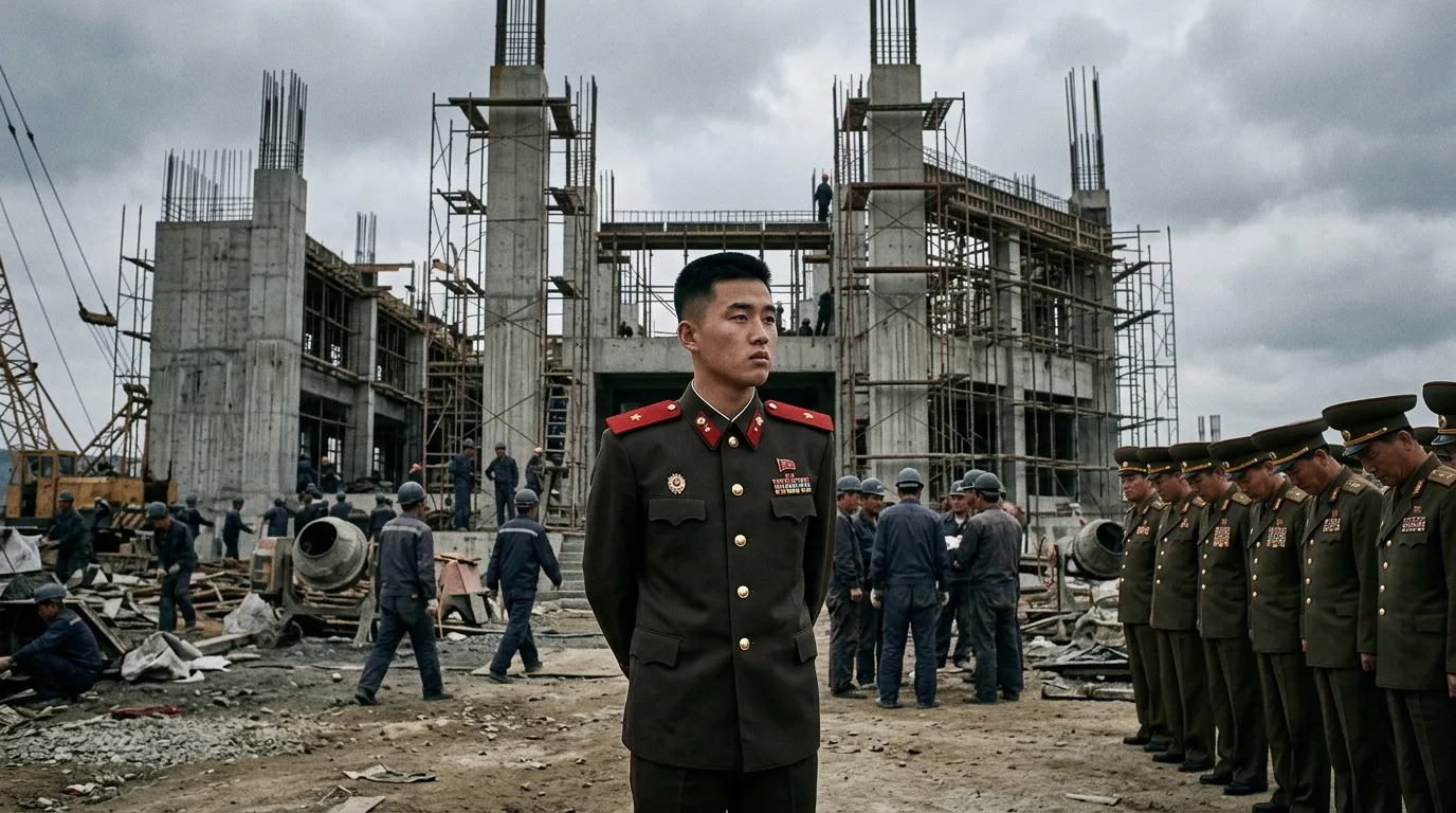 Officier militaire inspecte chantier de construction avec soldats