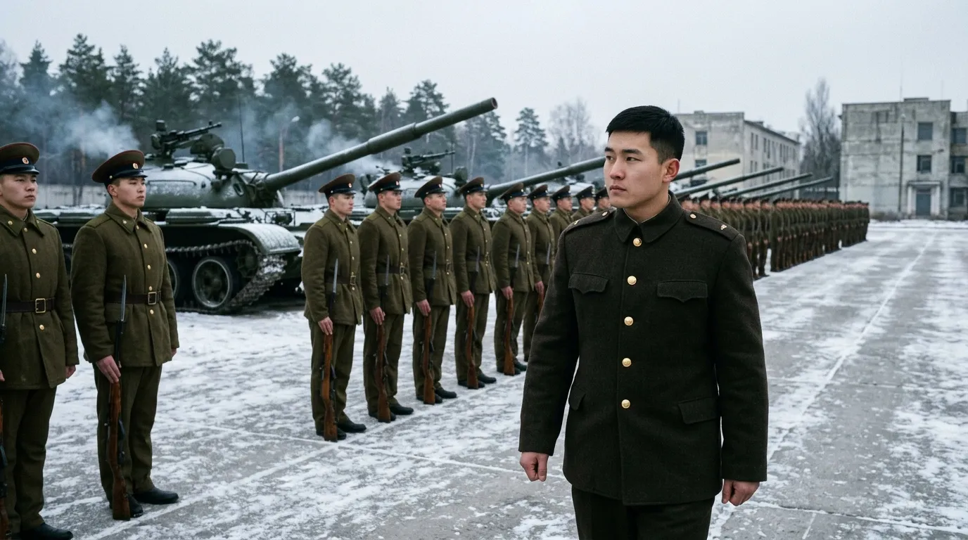 Officier inspectant soldats align&eacute;s devant chars tanks
