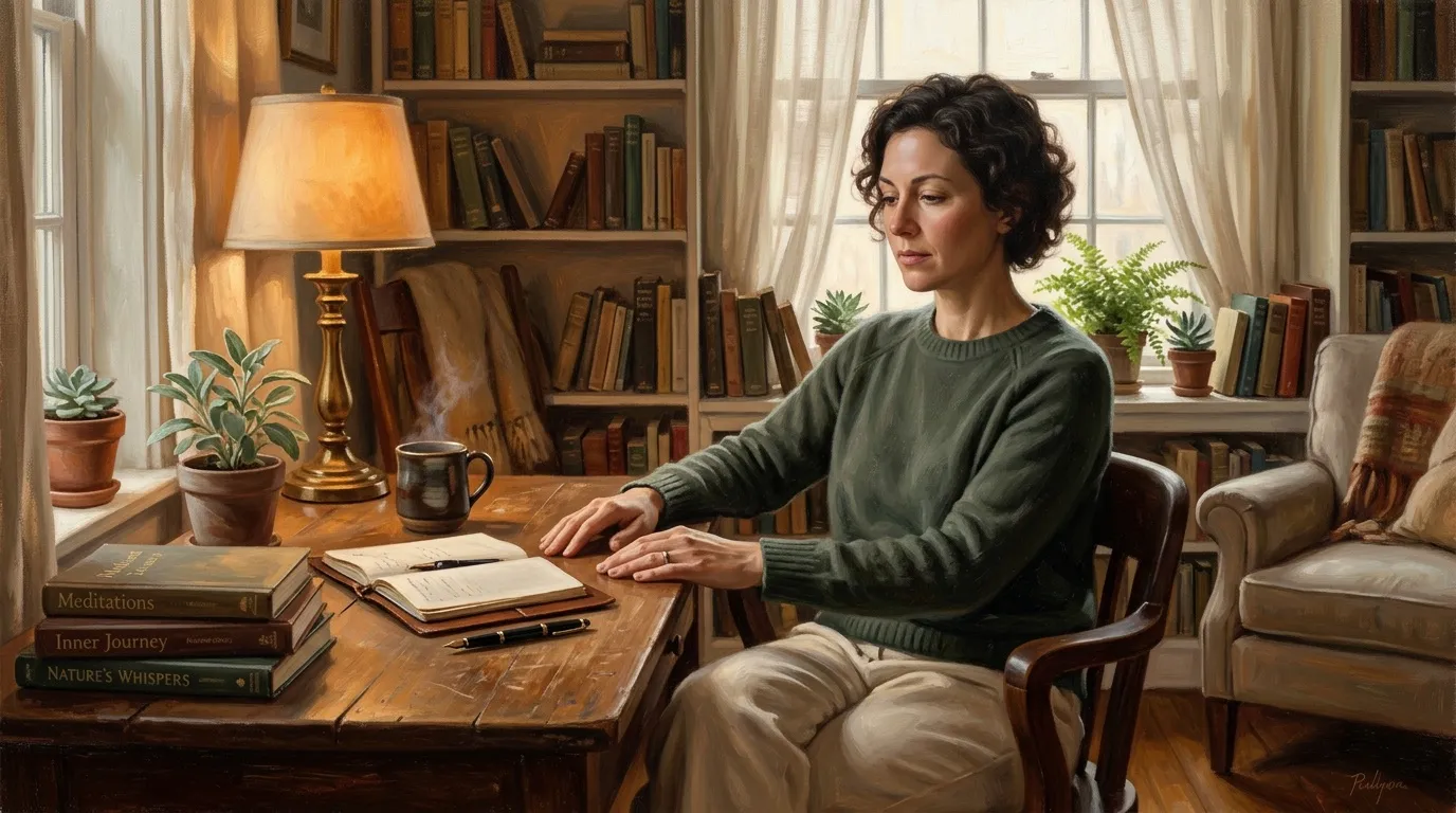 Femme &eacute;crivant &agrave; son bureau dans une biblioth&egrave;que chaleureuse