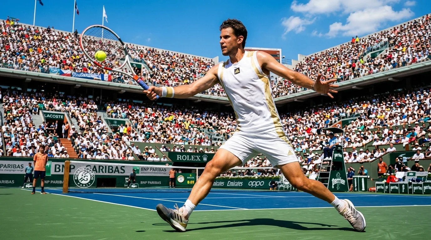 Joueur de tennis en action sur court bleu avec foule en arri&egrave;re-plan