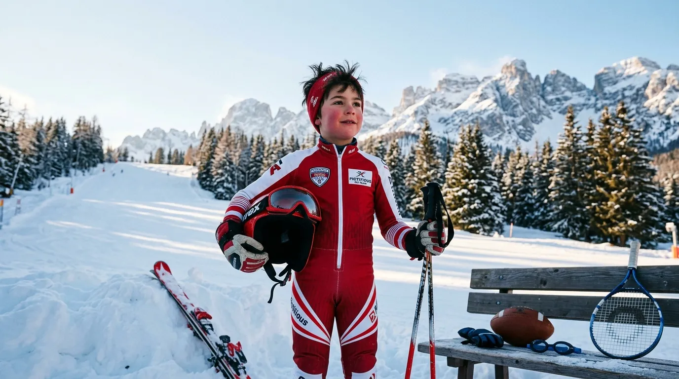 Enfant skieur en rouge tenant ses skis et b&acirc;tons de ski