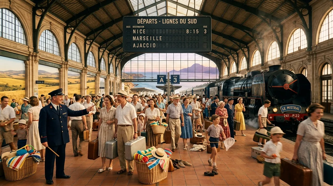 Foule de voyageurs en gare avec train &agrave; vapeur, affichage d&eacute;parts