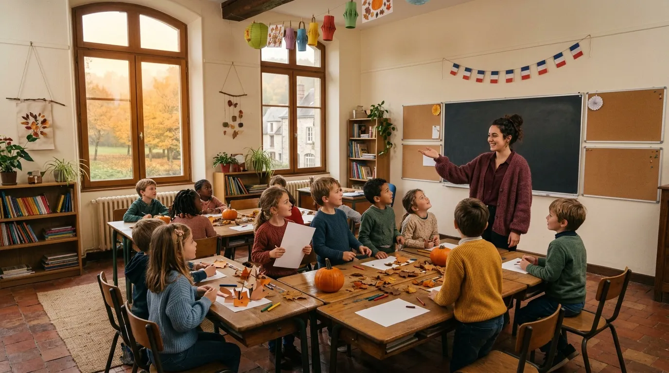 Enseignante supervisant des enfants lors d'activit&eacute;s artistiques automnales