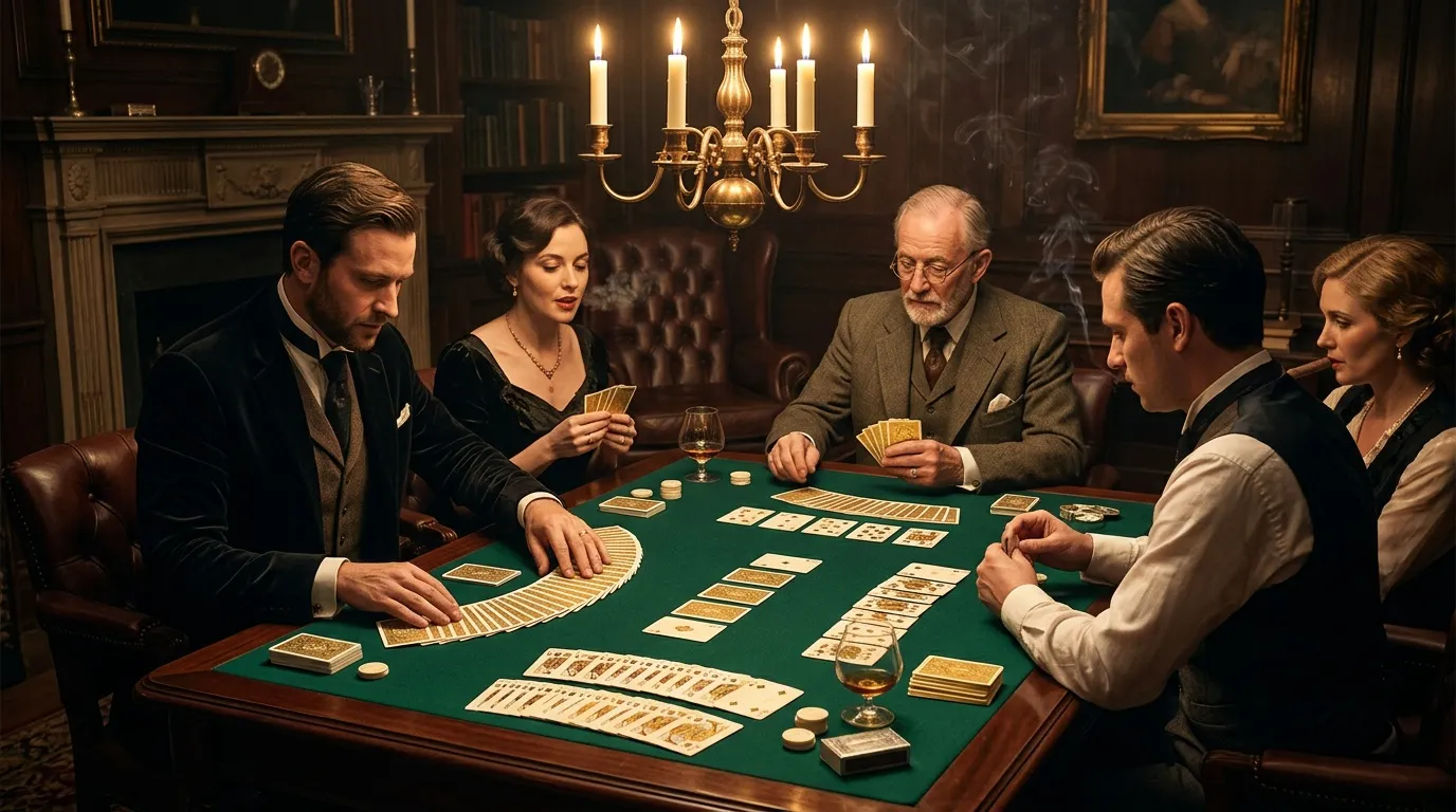 Cinq personnes jouent aux cartes autour d'une table verte luxueuse