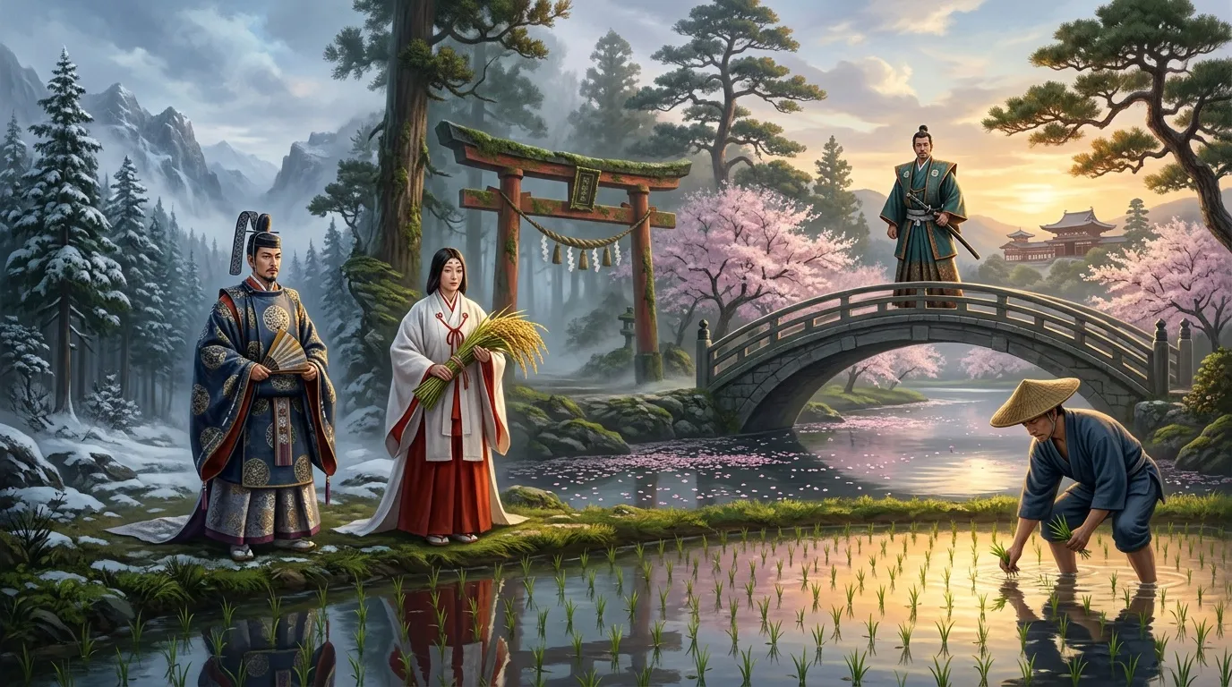 Sc&egrave;ne asiatique avec personnages traditionnels et paysan dans rizi&egrave;re