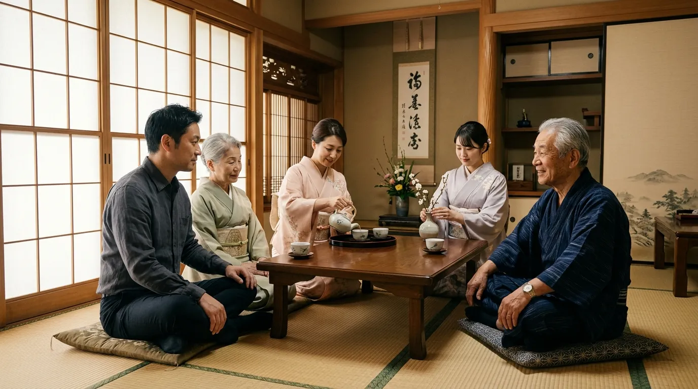 Famille asiatique partageant une c&eacute;r&eacute;monie du th&eacute; traditionnelle