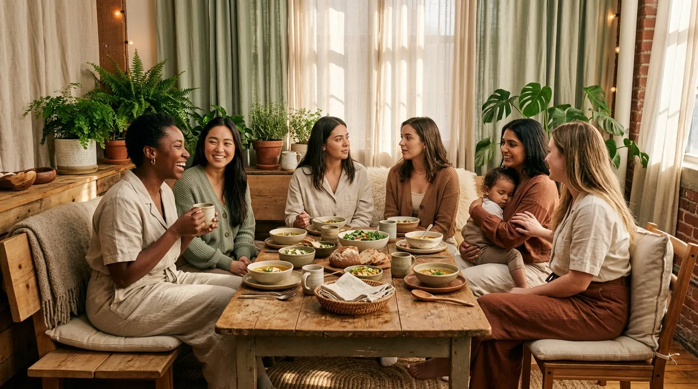 Groupe de femmes partageant un repas convivial autour d'une table.
