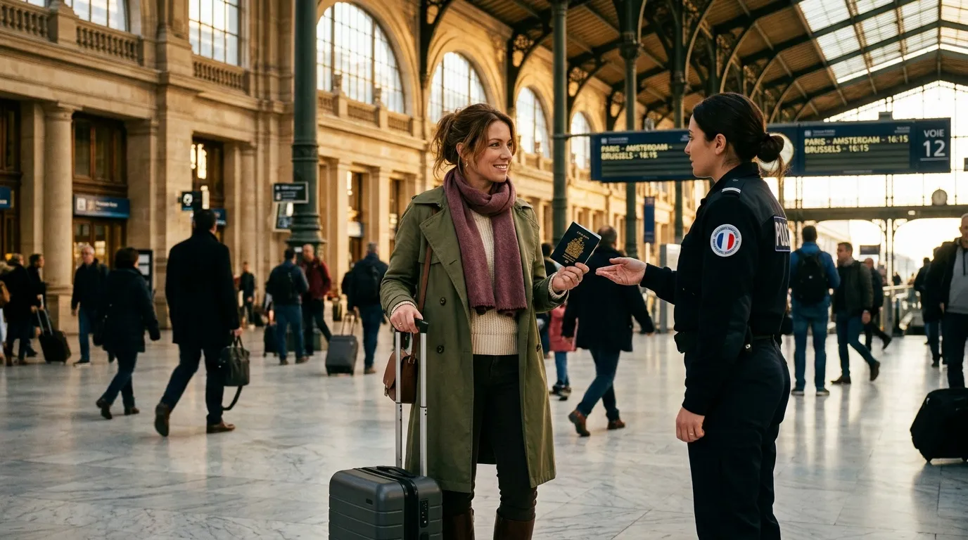 Femme avec valise montrant son passeport &agrave; une agent de police en gare