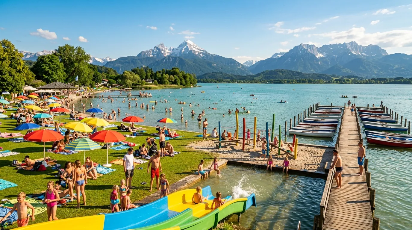 Plage avec parasols, baigneurs et montagnes enneig&eacute;es en arri&egrave;re-plan