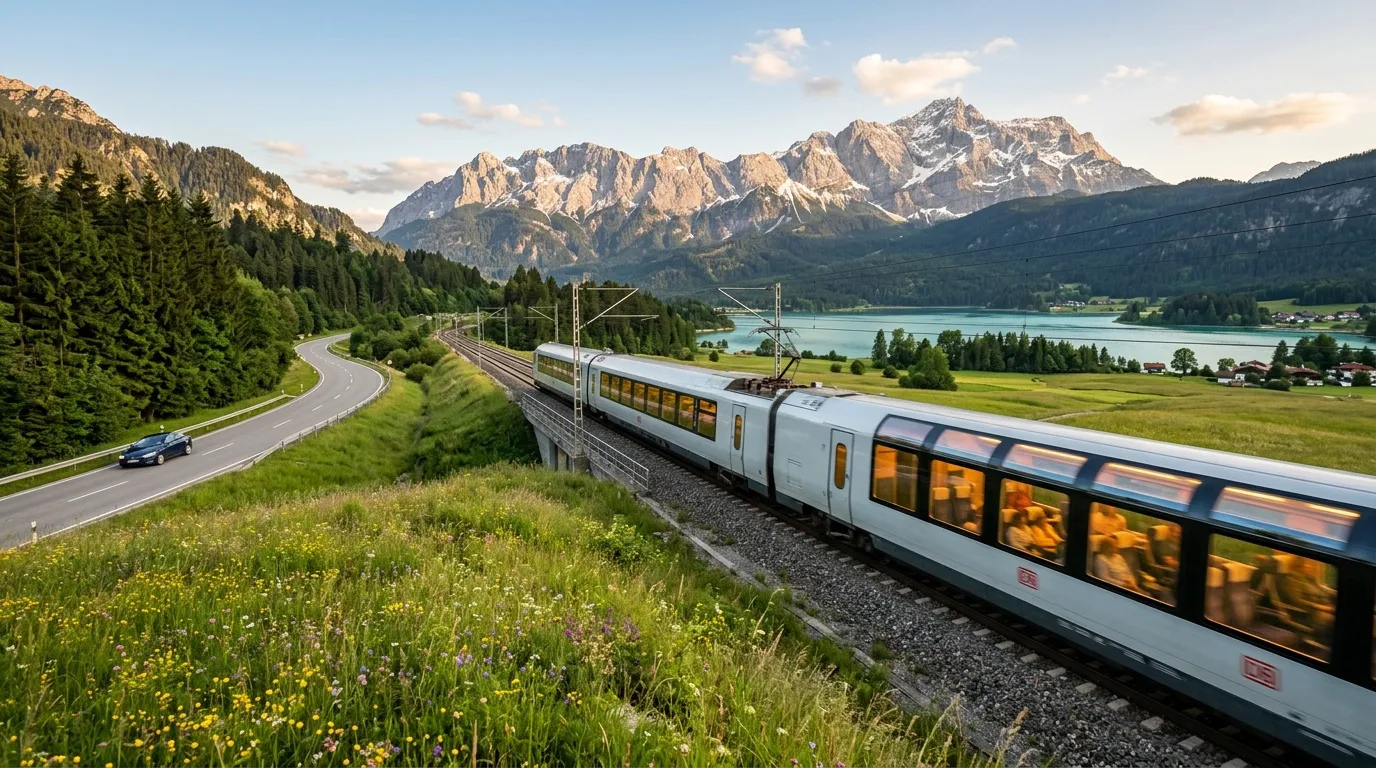Train blanc circulant dans vall&eacute;e alpine avec montagnes et lac.