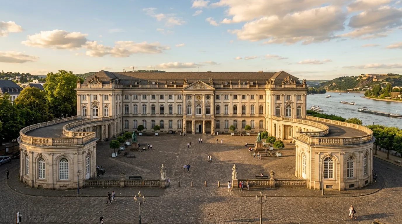 Palais blanc avec cour, terrasses et vue sur fleuve