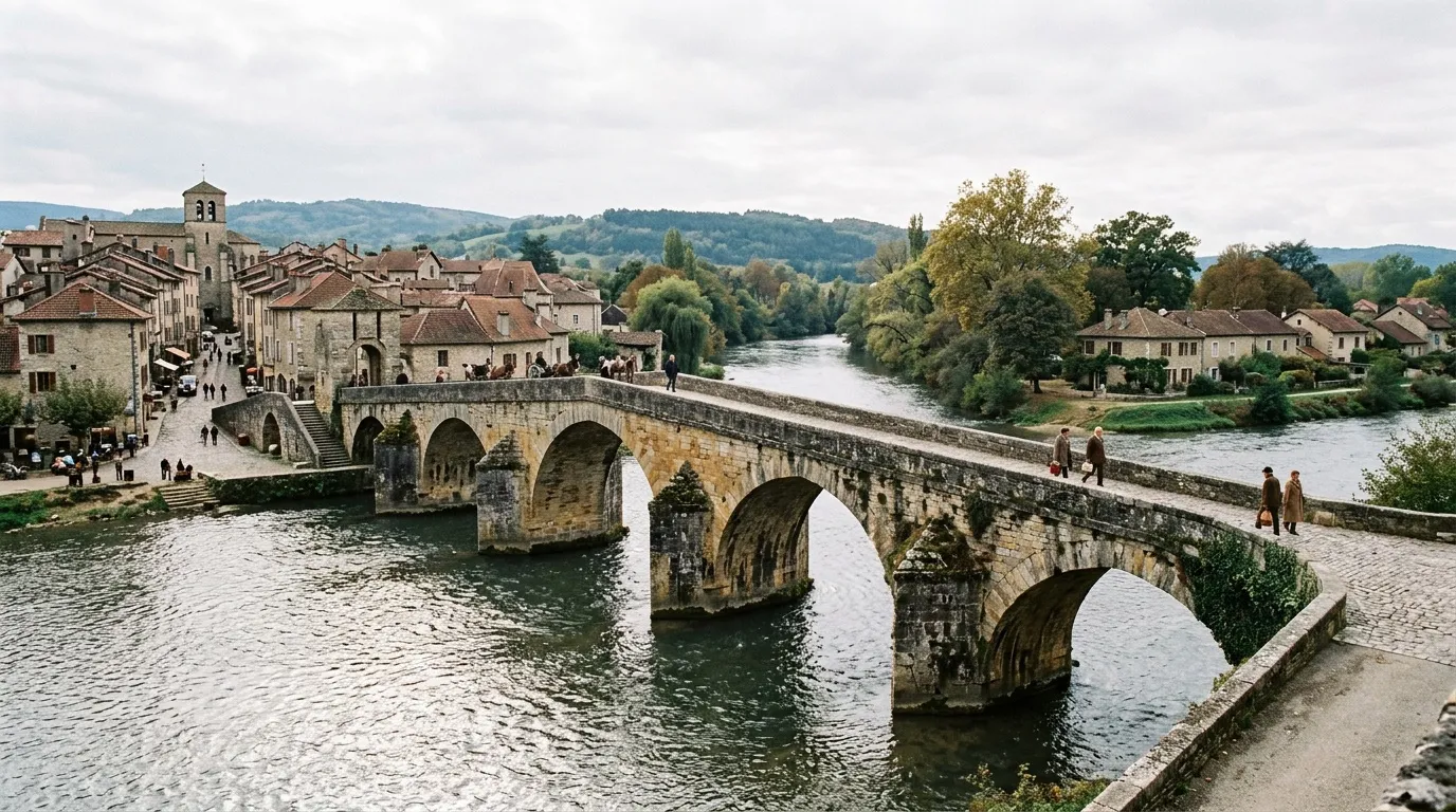 Ancien pont de pierre enjambant une rivière avec village historique
