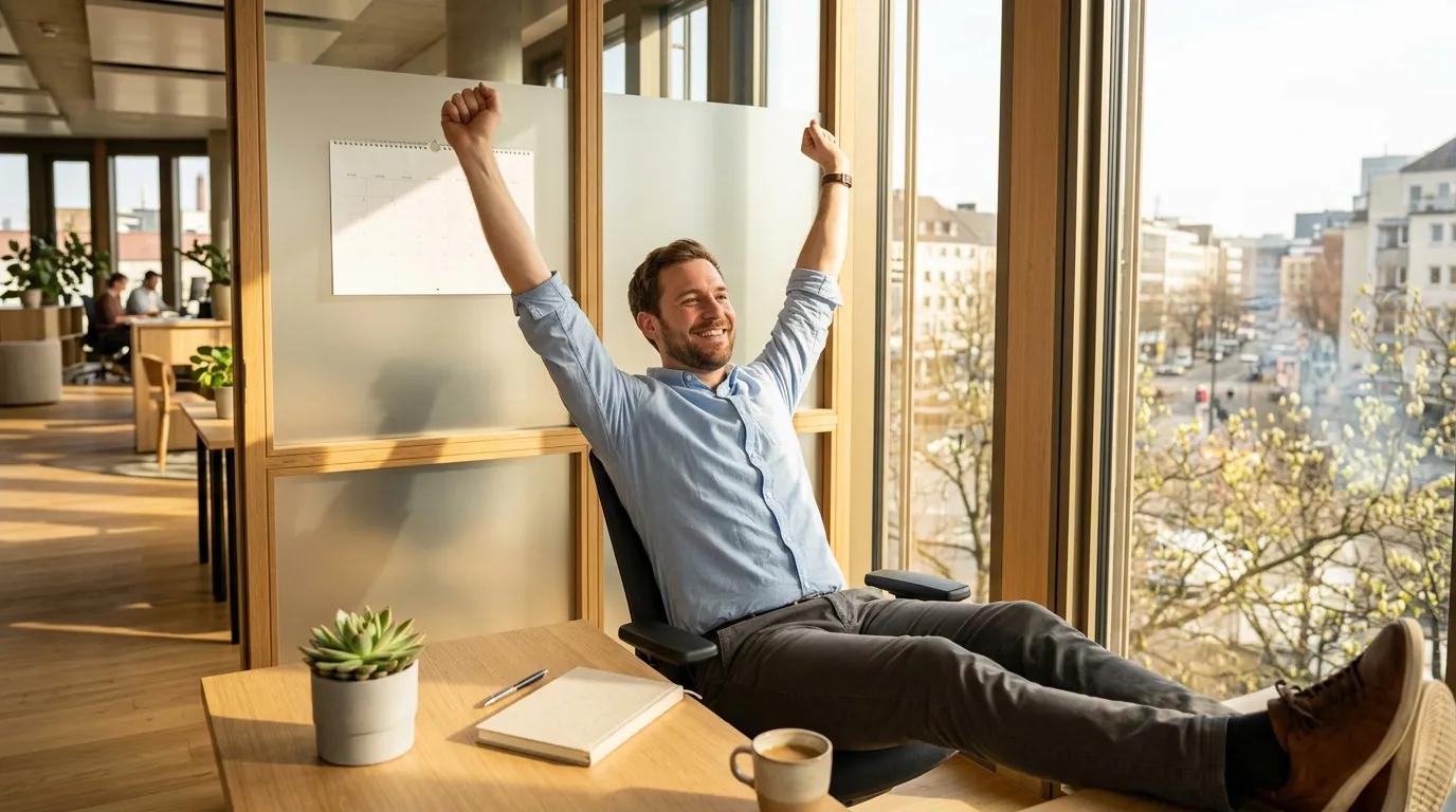 Homme célébrant sa victoire dans un bureau avec vue panoramique