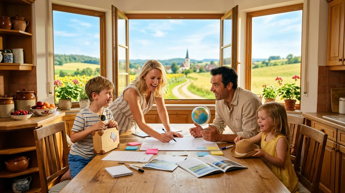 Famille homeschooling autour table bois fenêtre paysage