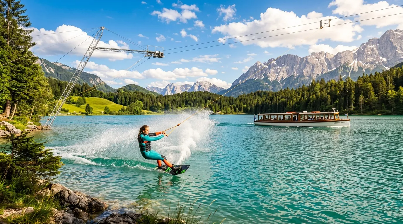 Femme en wakeboard sur lac montagneux avec bateau et montagnes