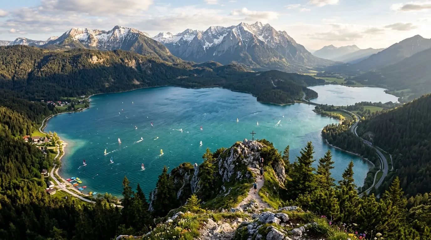 Vue a&eacute;rienne d'un lac turquoise entour&eacute; de montagnes enneig&eacute;es et for&ecirc;ts