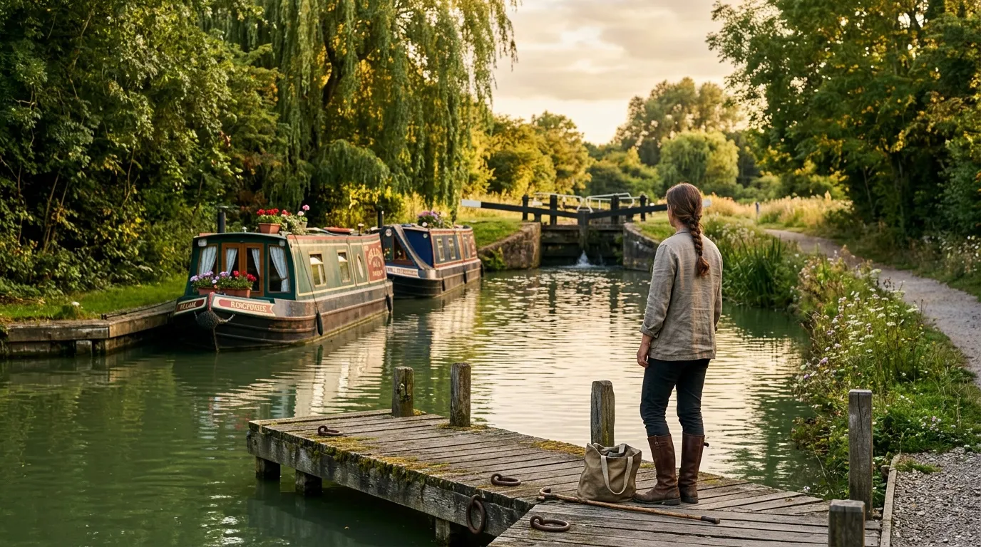 Femme contemplant des péniches amarrées sur un canal paisible